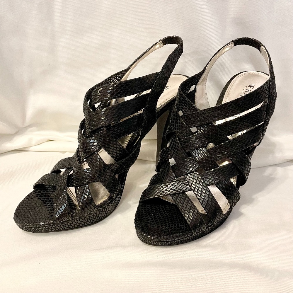 WHBM Zoe Strappy Snakeskin Stilettos
